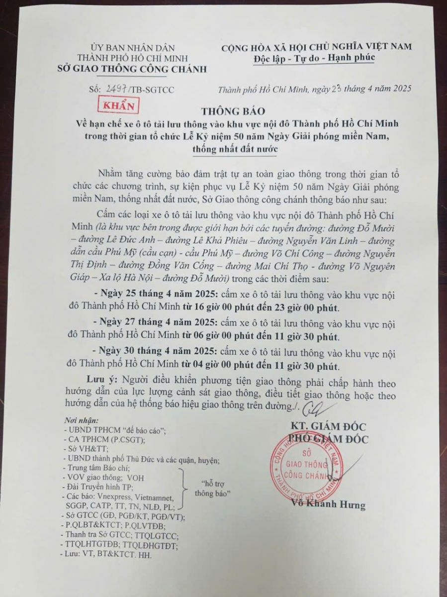 Khẩn: Thông báo về hạn chế xe ô tô tải lưu thông vào khu vực nội đô Thành phố Hồ Chí Minh trong thời gian tổ chức Lễ Kỷ niệm 50 năm Ngày Giải phóng miền Nam, thống nhất đất nước
